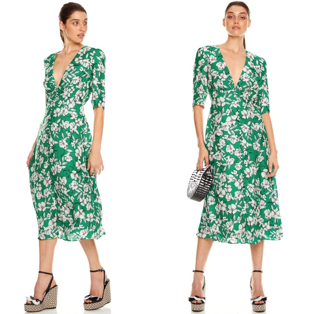 NEW TALULAH That Forever Feeling Floral Kelly Green Button Up Flowy Midi Dress